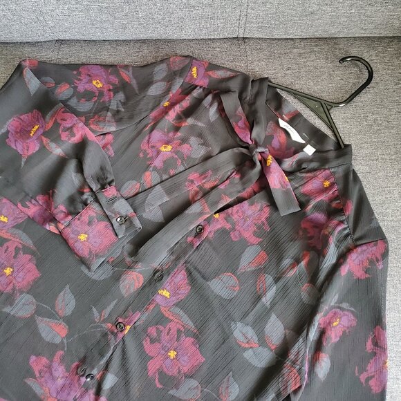 Reitmans Sheer Blouse Bow Necktie Black Floral Size S - Picture 3 of 3